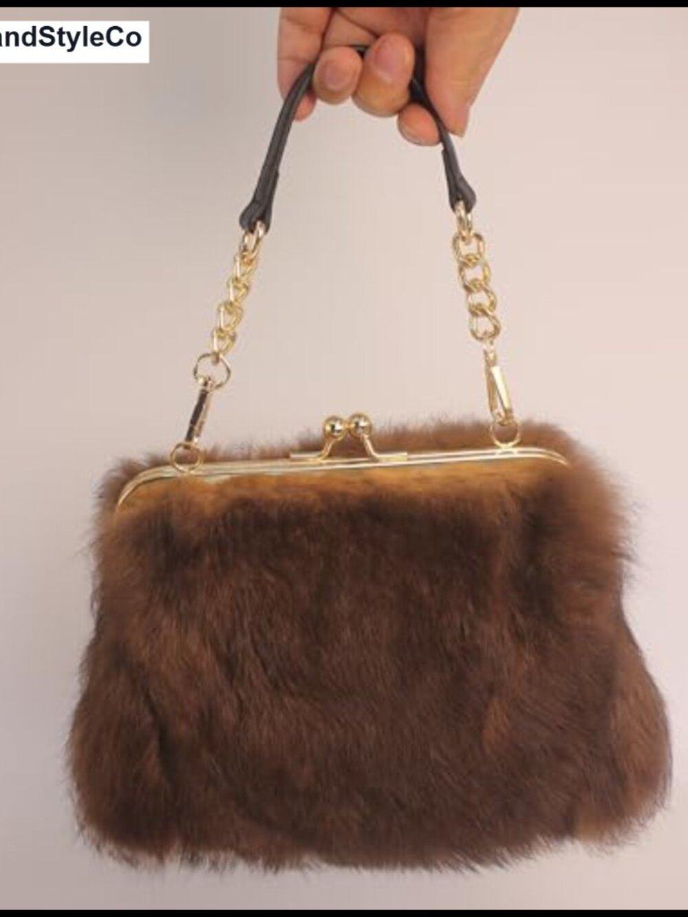 Genuine Rabbit Fur Kisslock Clutch Handbag with Gold-Tone Chain - Picture 5 of 6